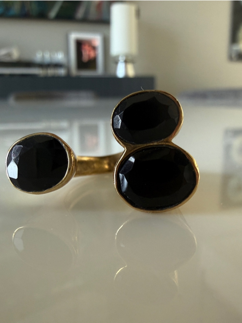 Gold Women's Ring with Black Faceted Stones - Triple Oval Design